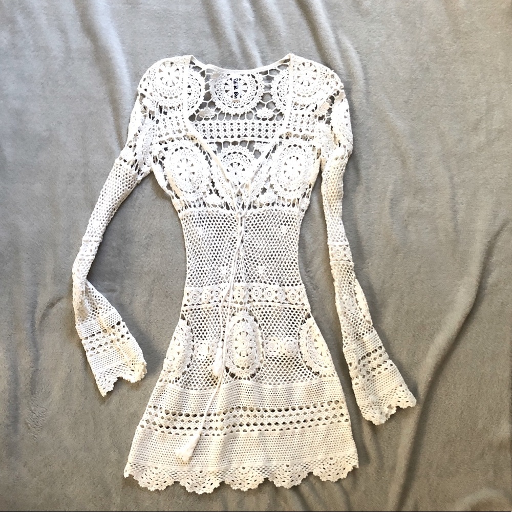 Rat & Boa White Crochet Long Sleeve Dress